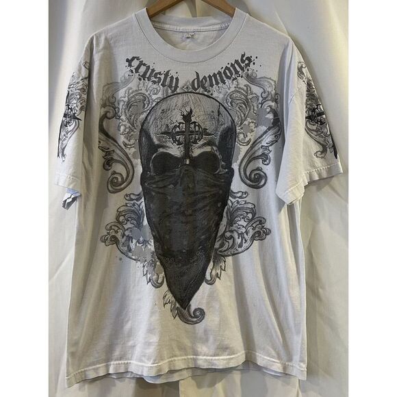Vintage Y2K‎ Affliction Style Grunge Mall Goth Skull Graphic T-Shirt White XL - Picture 1 of 6